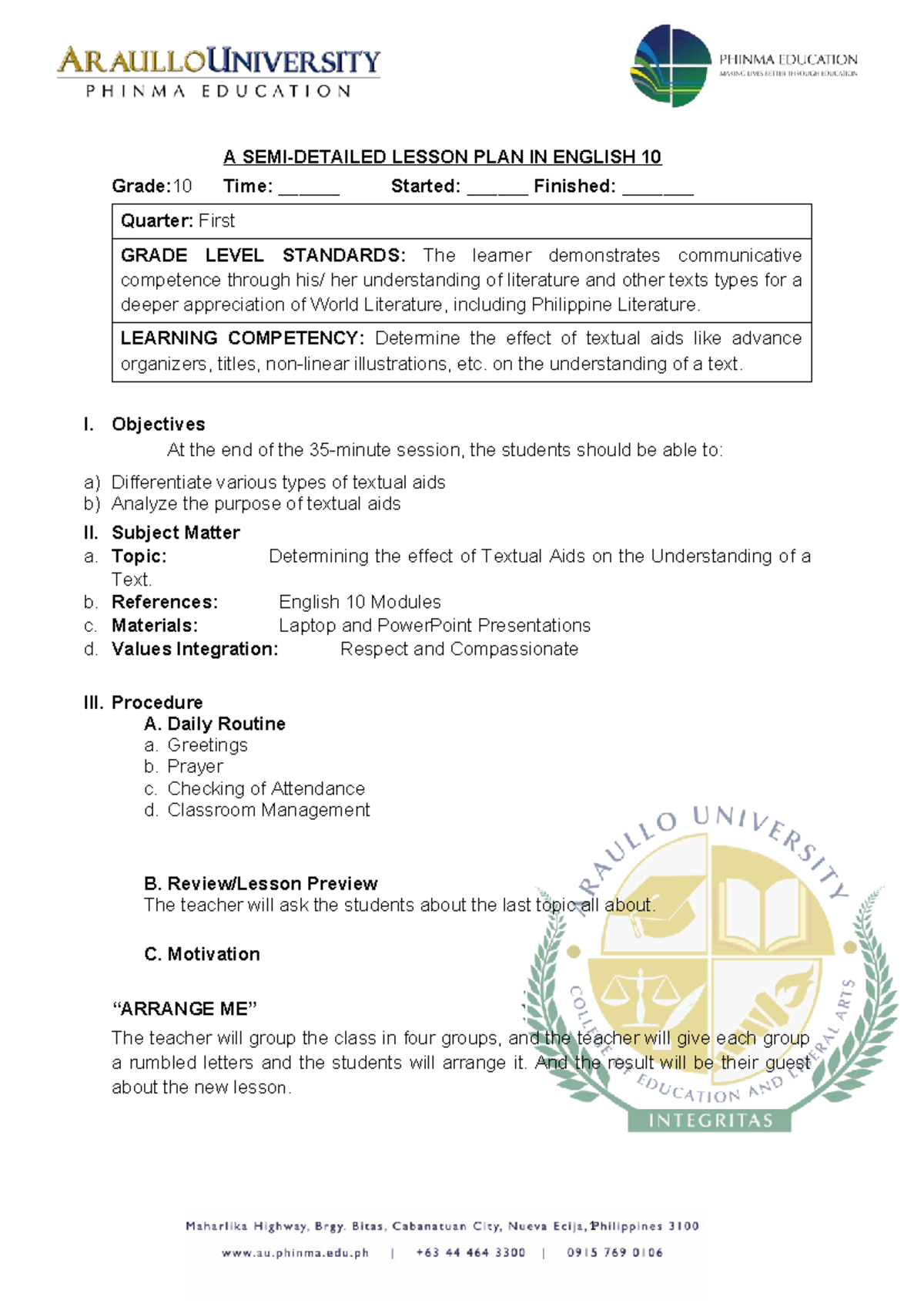 DLP Week 2 English 10 - Lesson Plan on Textual Aids and Their Effects ...