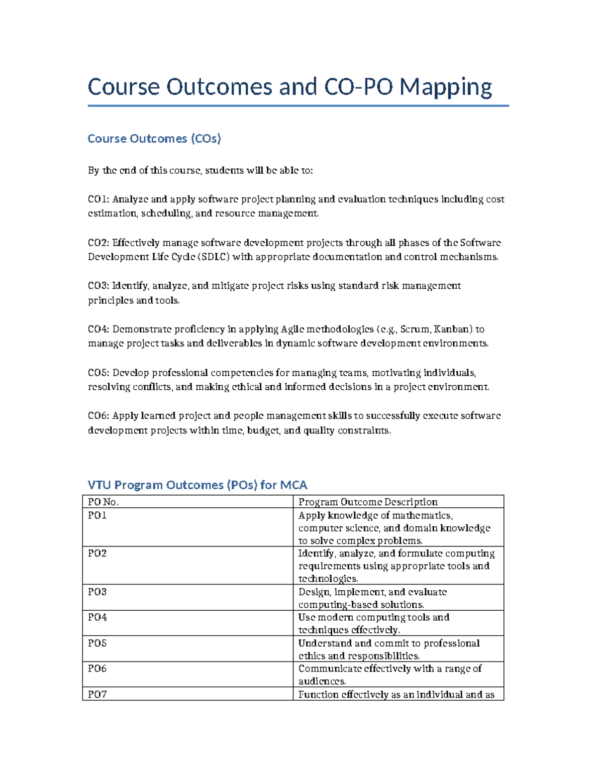 Software Project Management CO & PO Mapping for MCA Course - Studocu
