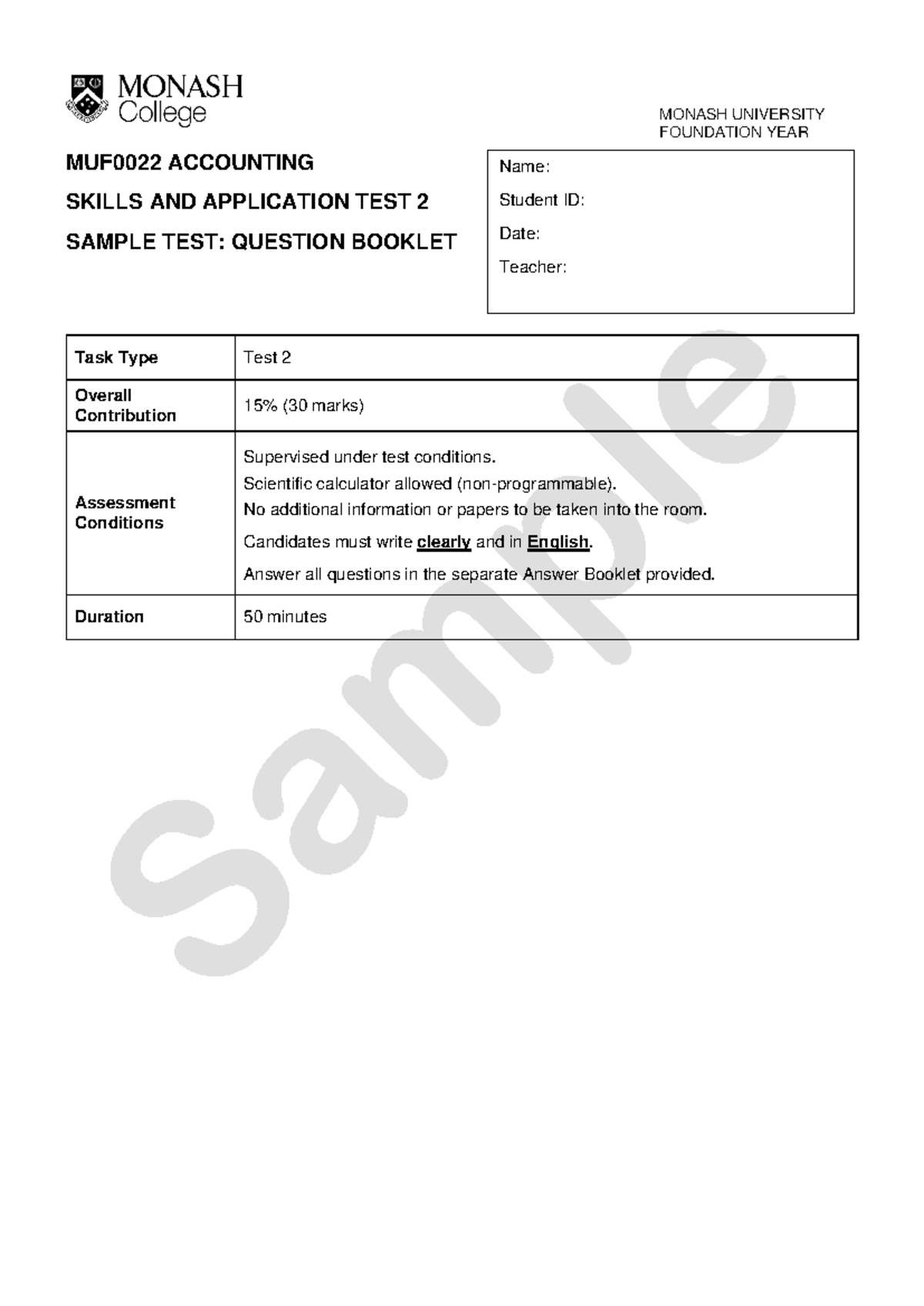 MUF0022 Test2 Sample QB NCF - MUF002 2 ACCOUNTING SKILLS AND ...