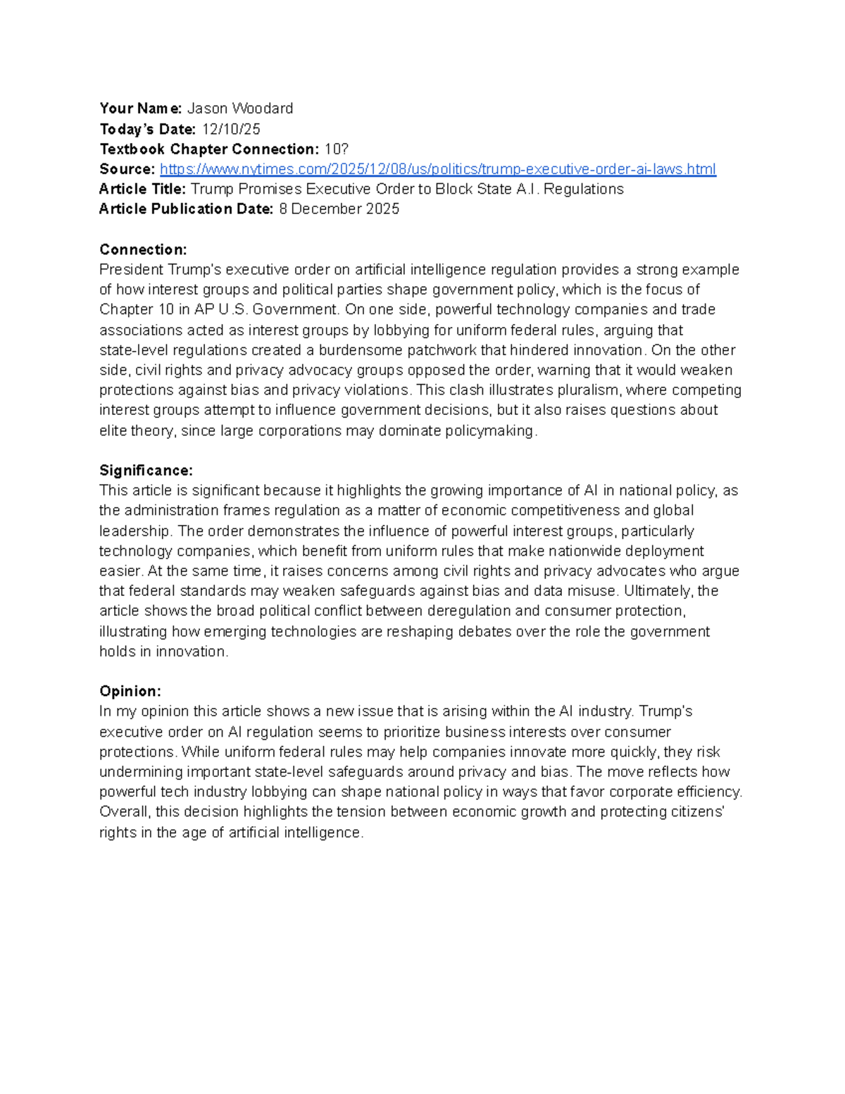 Current Events Connections: Chpt. 10 AP U.S. Gov on AI Regulation - Studocu