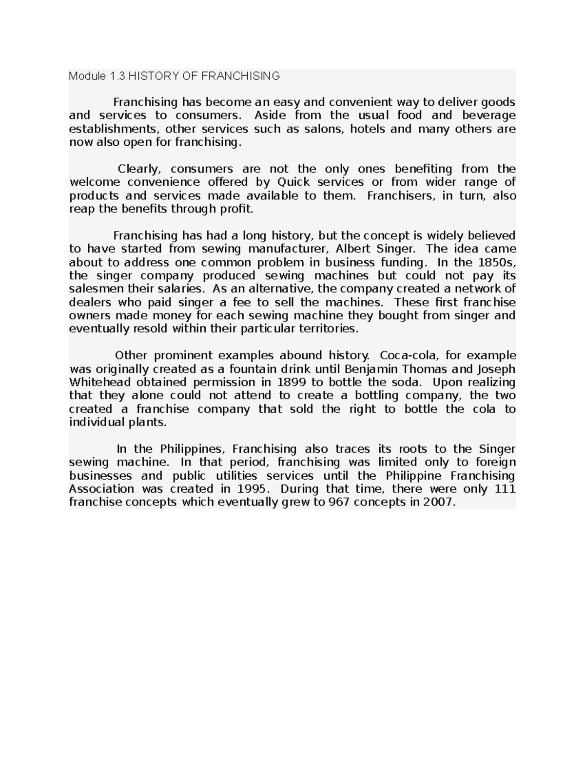 Franchising 1-3: An Overview of Franchising History and Impact - Studocu