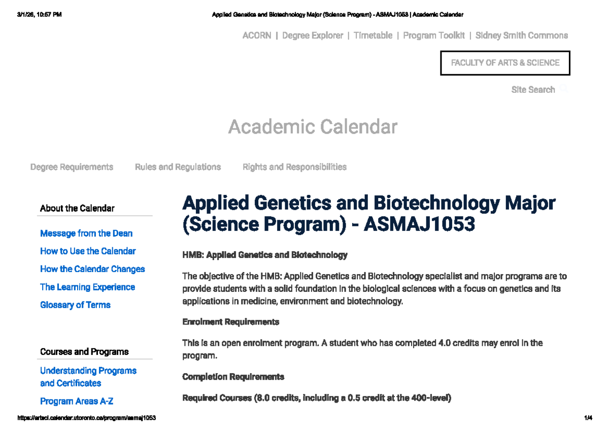 Academic Requirements for Applied Genetics & Biotechnology ASMAJ1053 ...