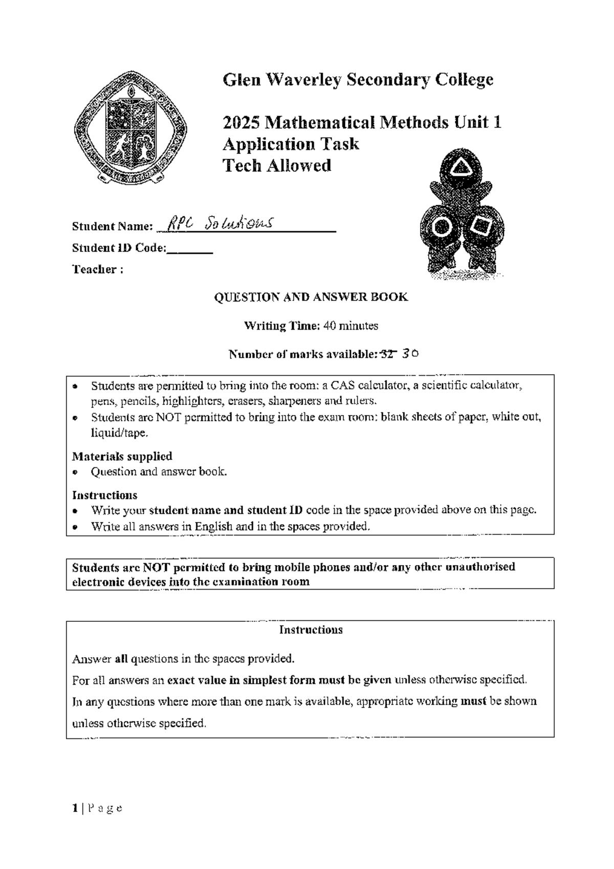 Mathematical Methods Unit 1 Application Task - Functions & Relations ...