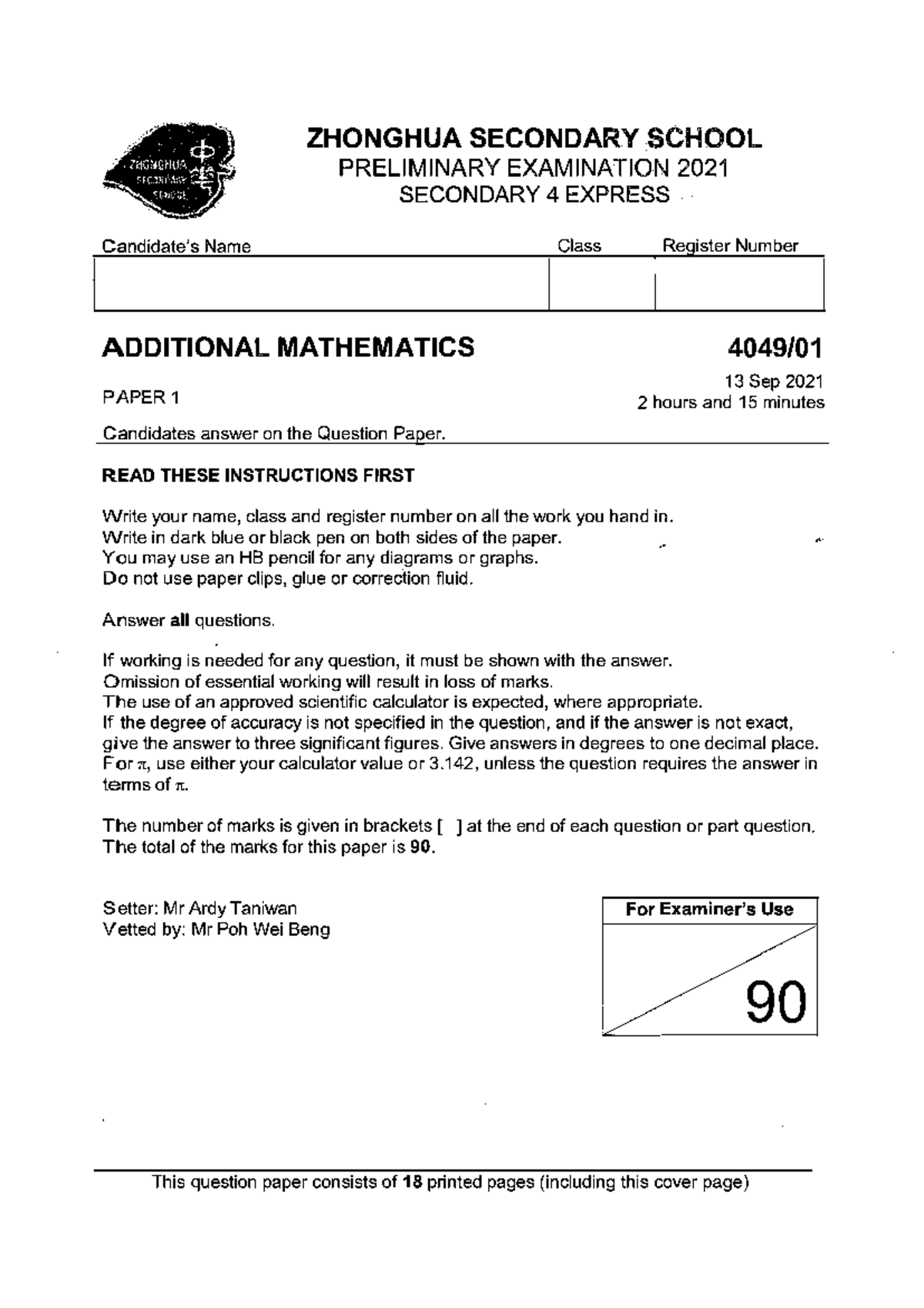 A-Math - Sec 4 Prelims Exam Paper - 2021 - Zhonghua Sec - Short Ans ...