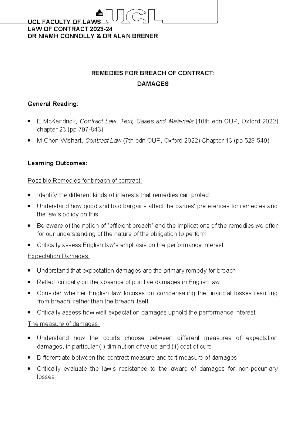 Damages handout - UCL FACULTY OF LAWS LAW OF CONTRACT 2023- DR NIAMH ...