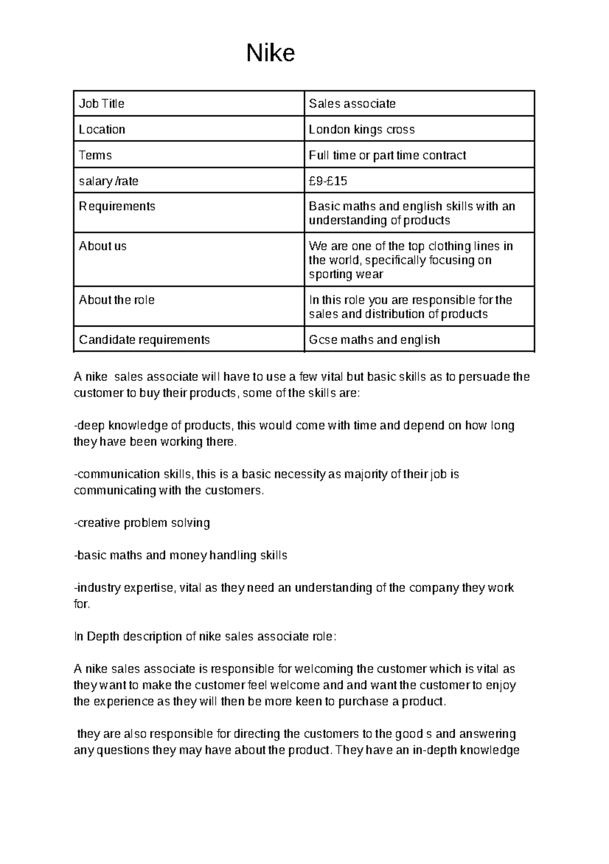 nike job description