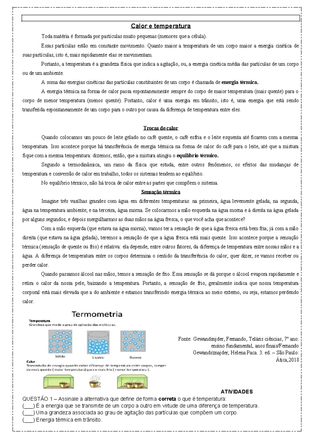 Atividades sobre Calor e Temperatura - Ensino Fundamental Ciências ...