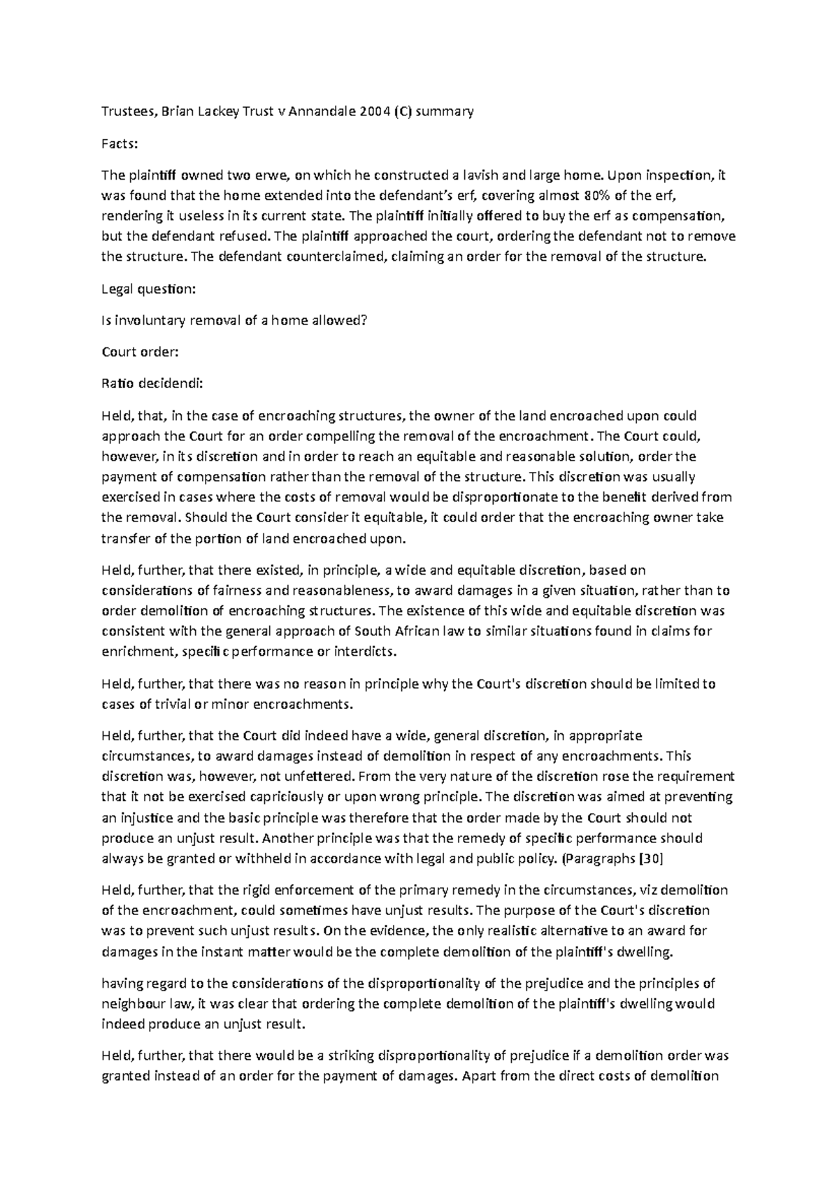 Encroachment Case Summary: Trustees v Annandale (2004) Analysis - Studocu