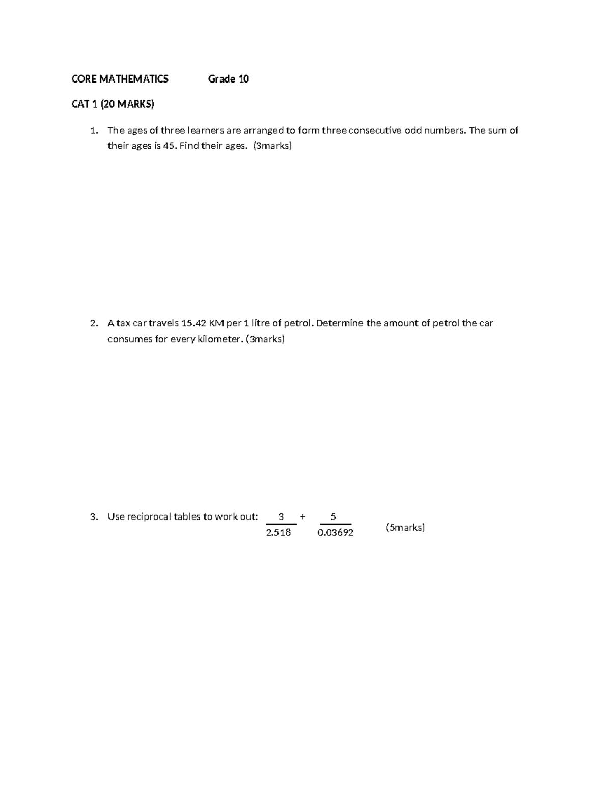 CORE MATHEMATICS Grade 10 CAT 1 Practice Questions - Studocu