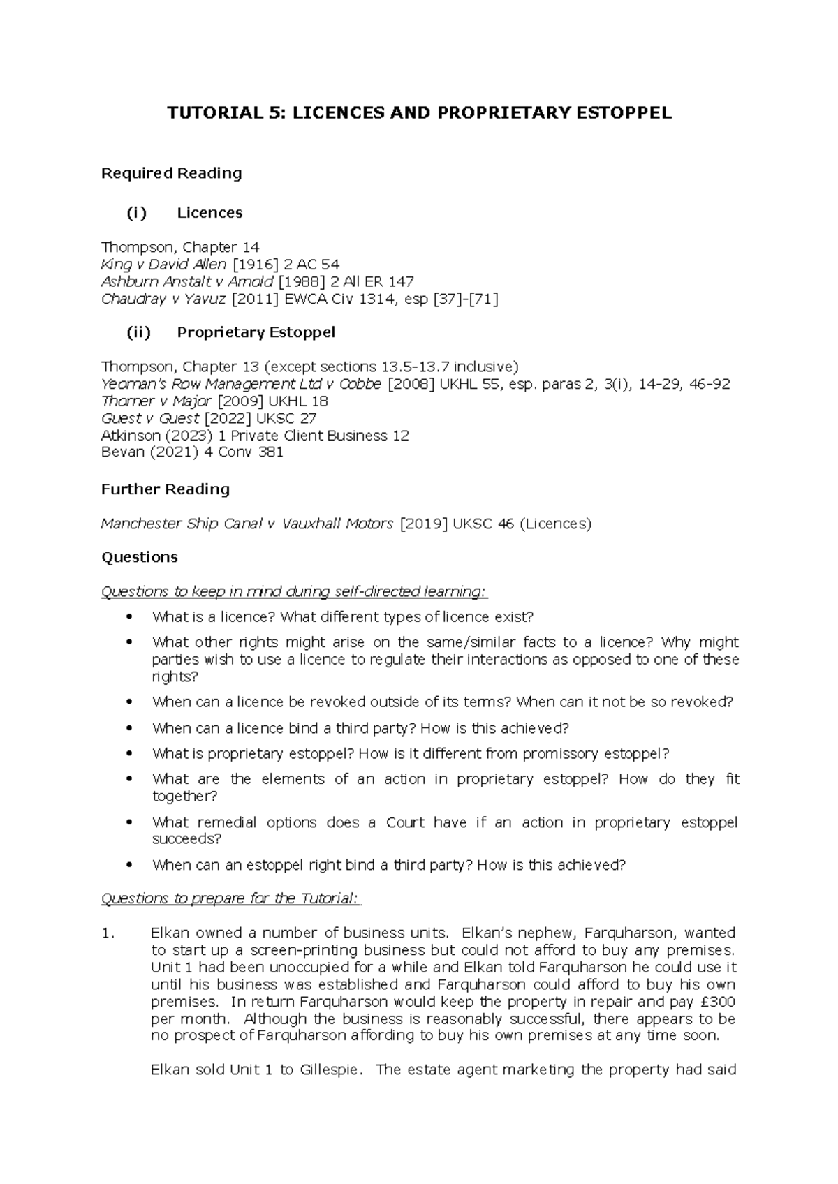 TUTORIAL 5: LICENCES & PROPRIETARY ESTOPPEL (Land Law 2025-26) - Studocu
