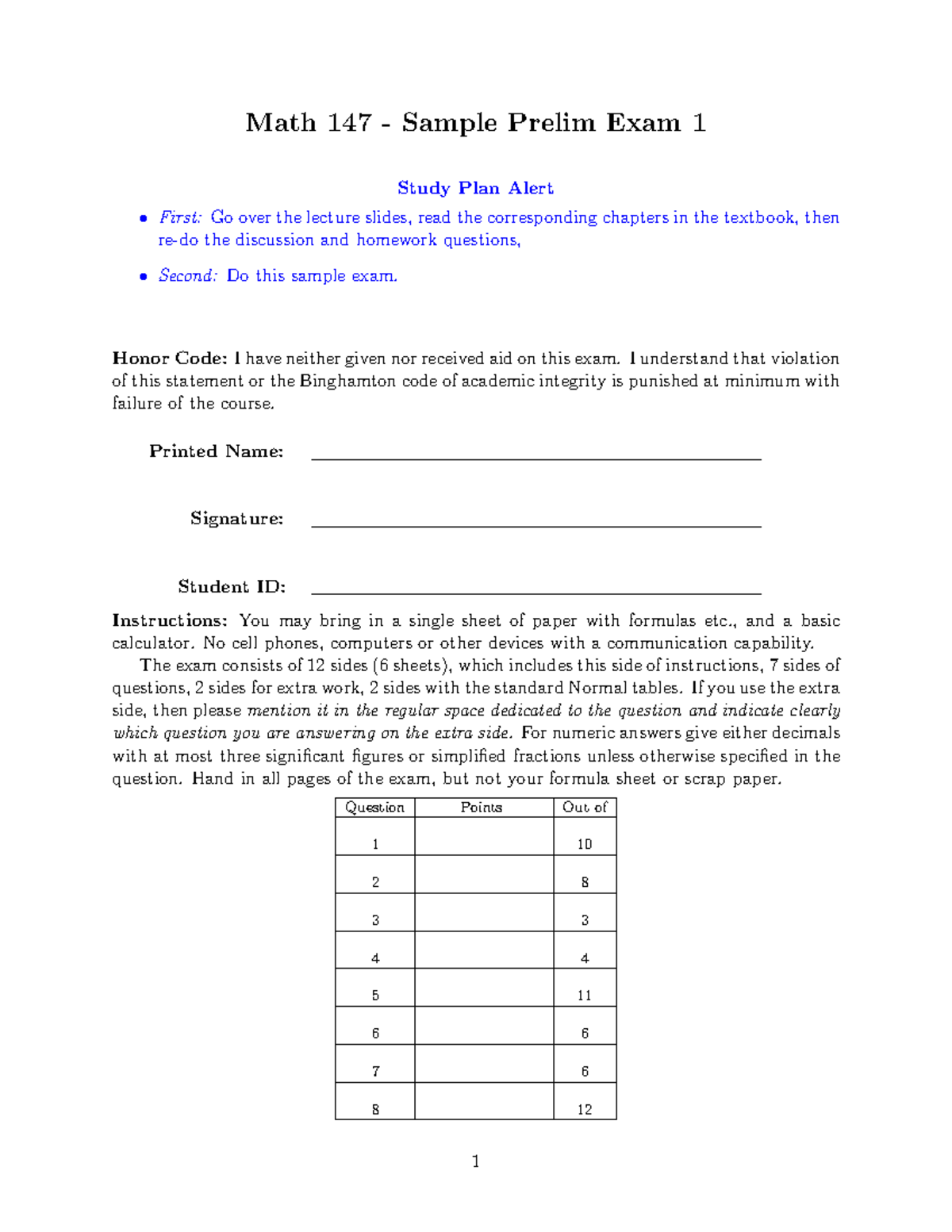 Math 147 - Sample Prelim Exam 1 Study Guide and Solutions - Studocu