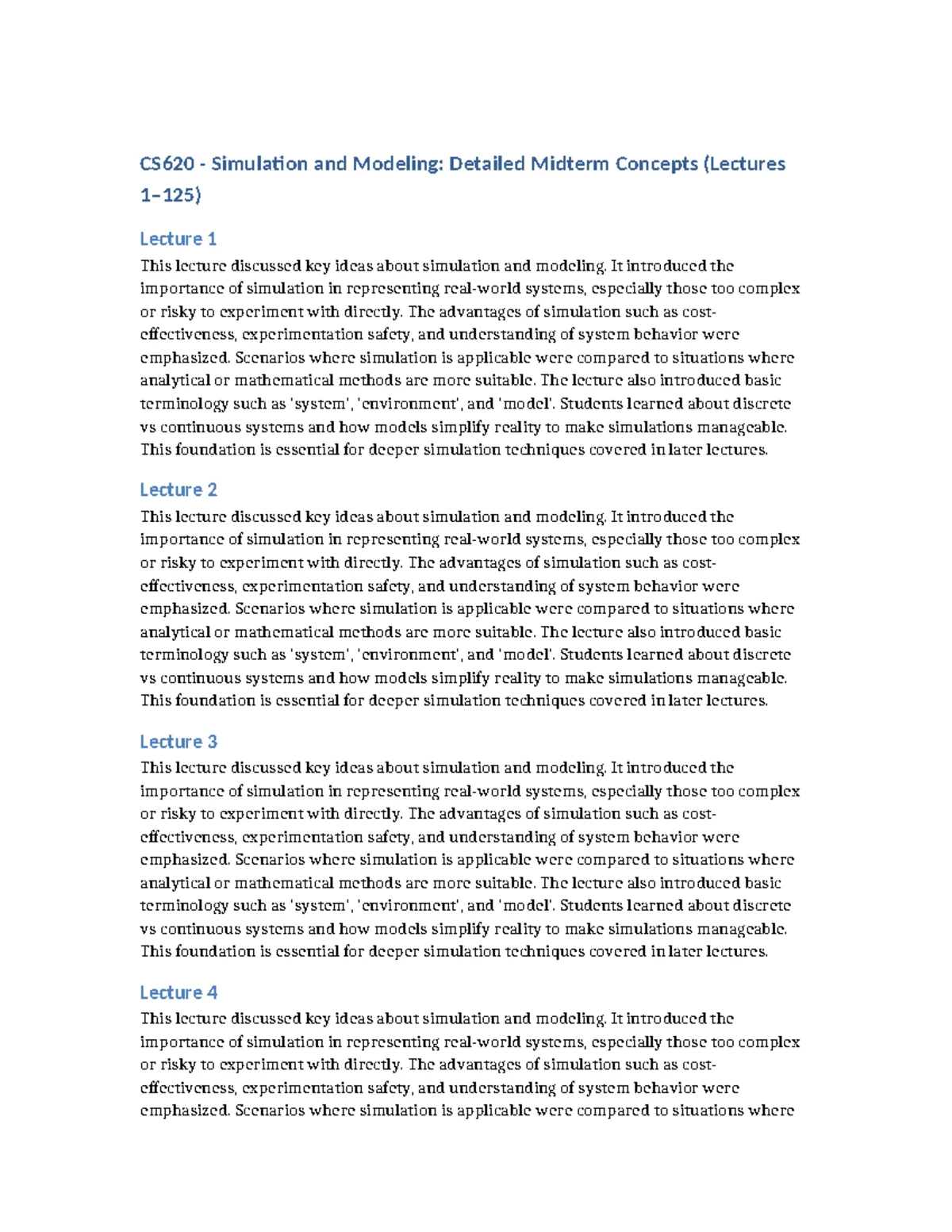 CS620 Simulation and Modeling: Midterm Concept Overview - Studocu
