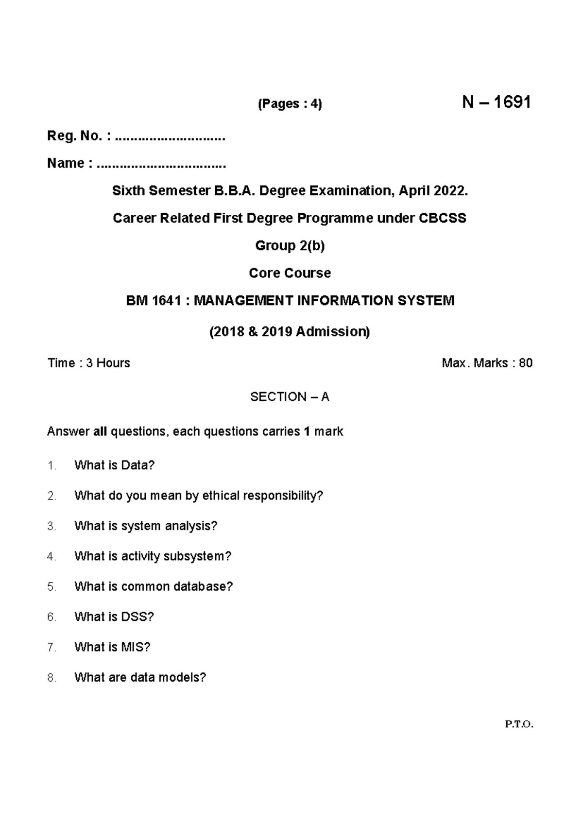 BBA BM 1641: Management Information System Exam Paper - April 2022 ...