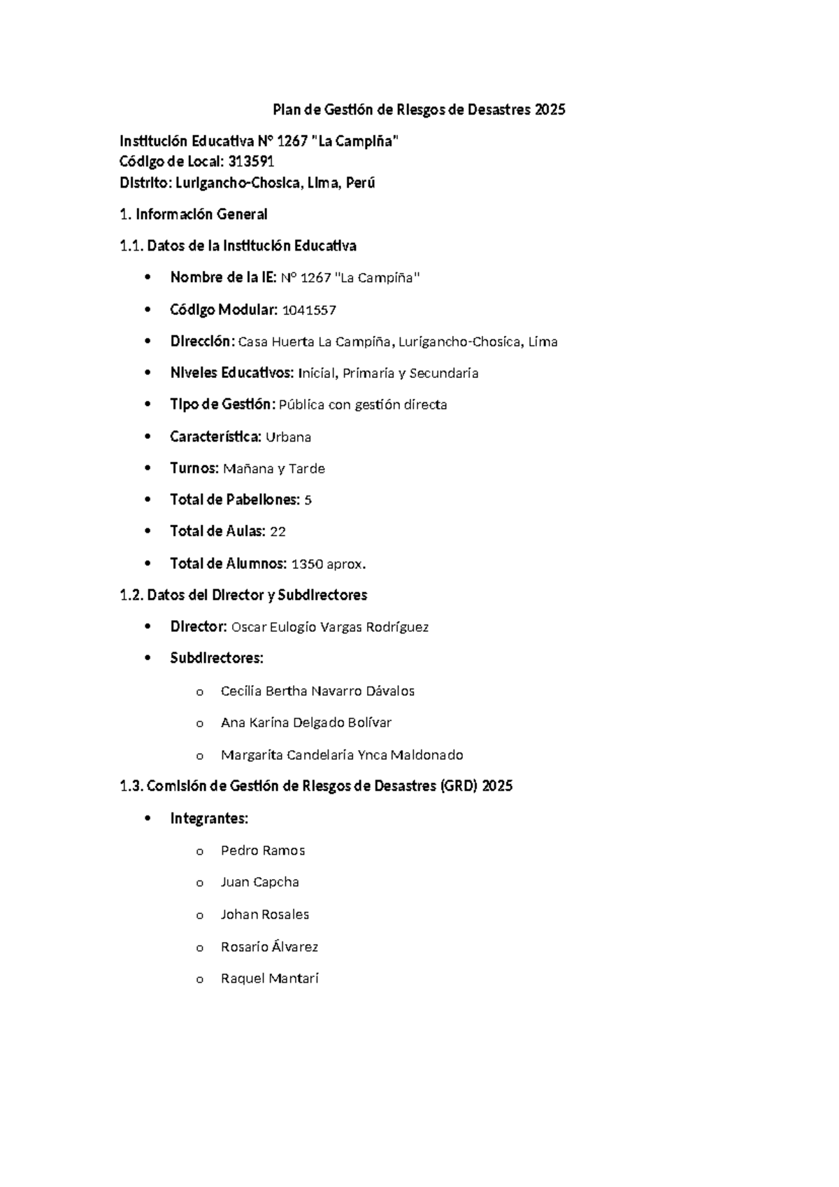 Plan Gestión de Riesgo 2025 - Plan de Gestión de Riesgos de Desastres ...