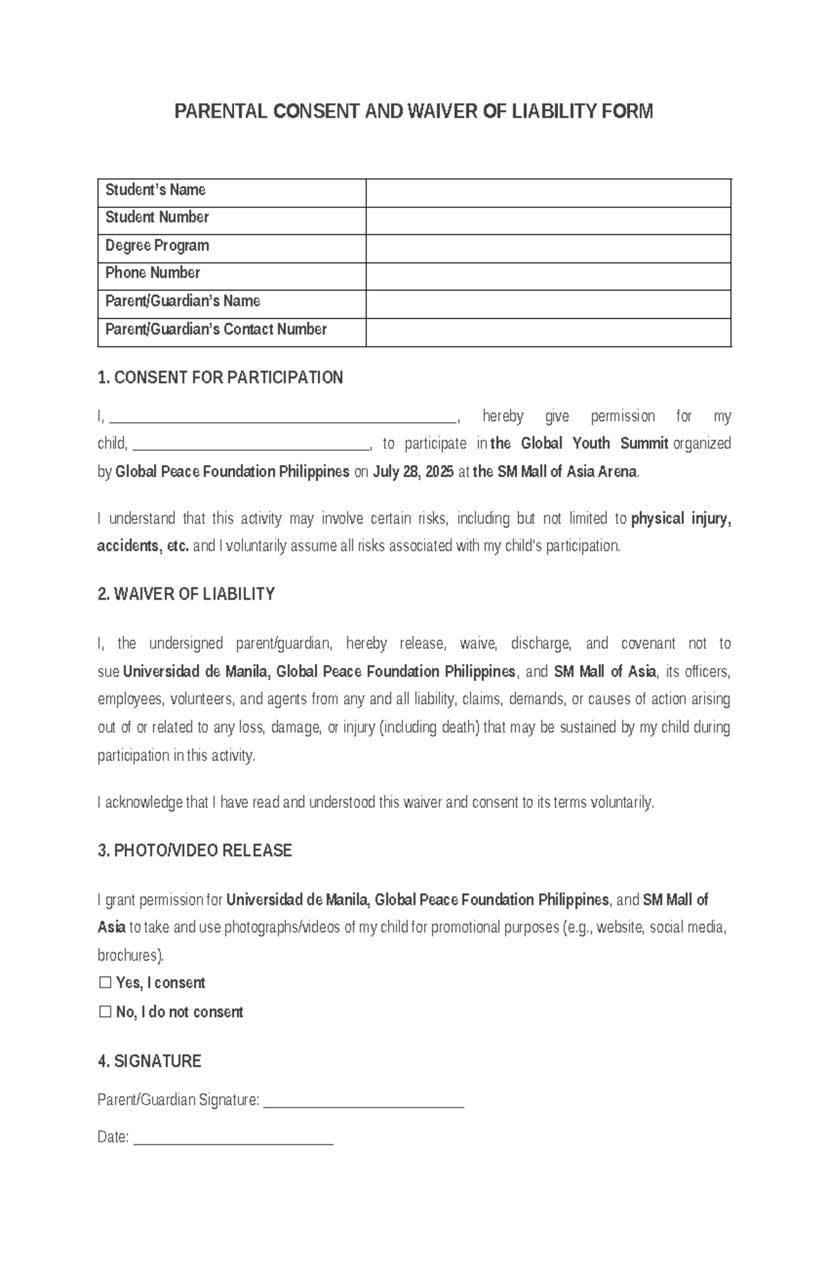 Parent Consent & Waiver Form for Global Youth Summit 2025 - Studocu