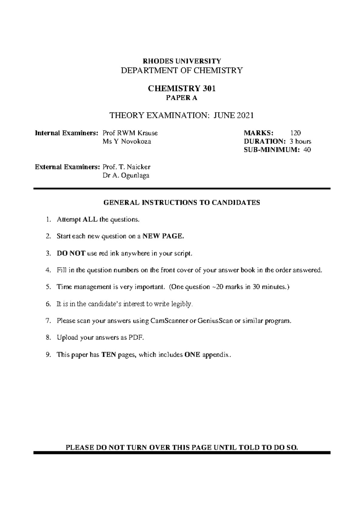 Chem 301 Final Exam Paper - June 2021 Past Examination - Studocu