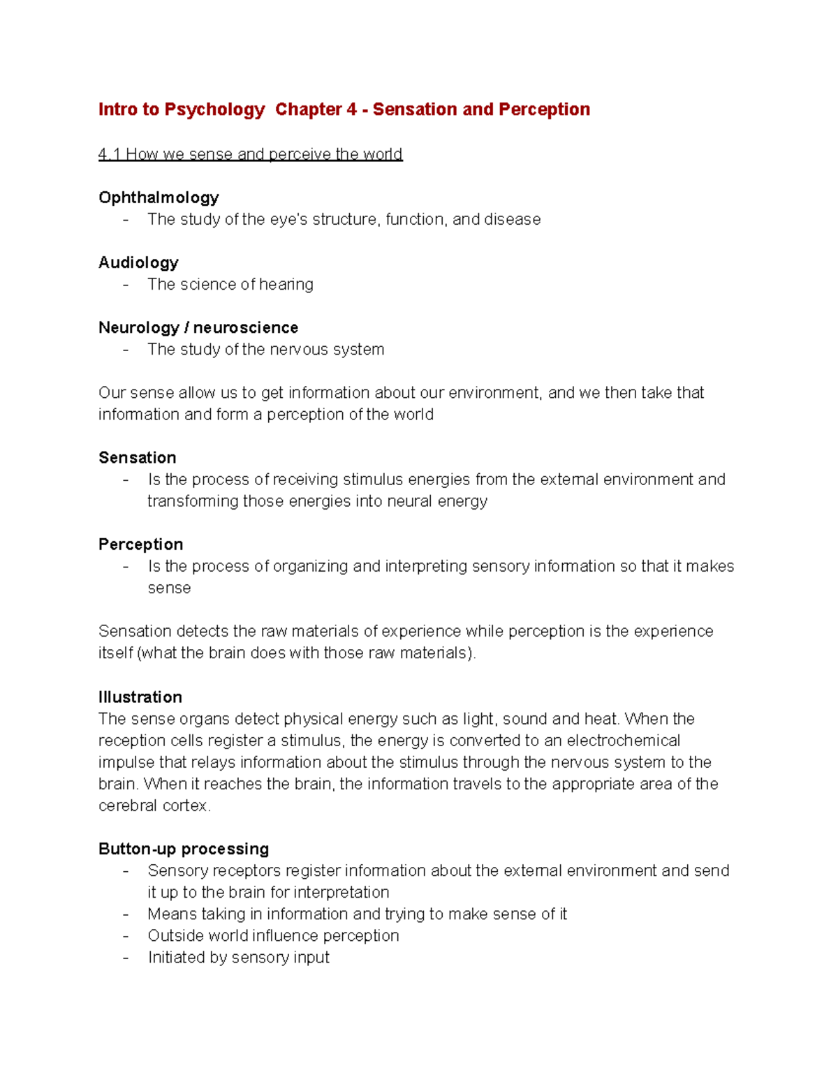 Psychology 101 - Final Exam Chapter 4: Sensation & Perception Insights ...