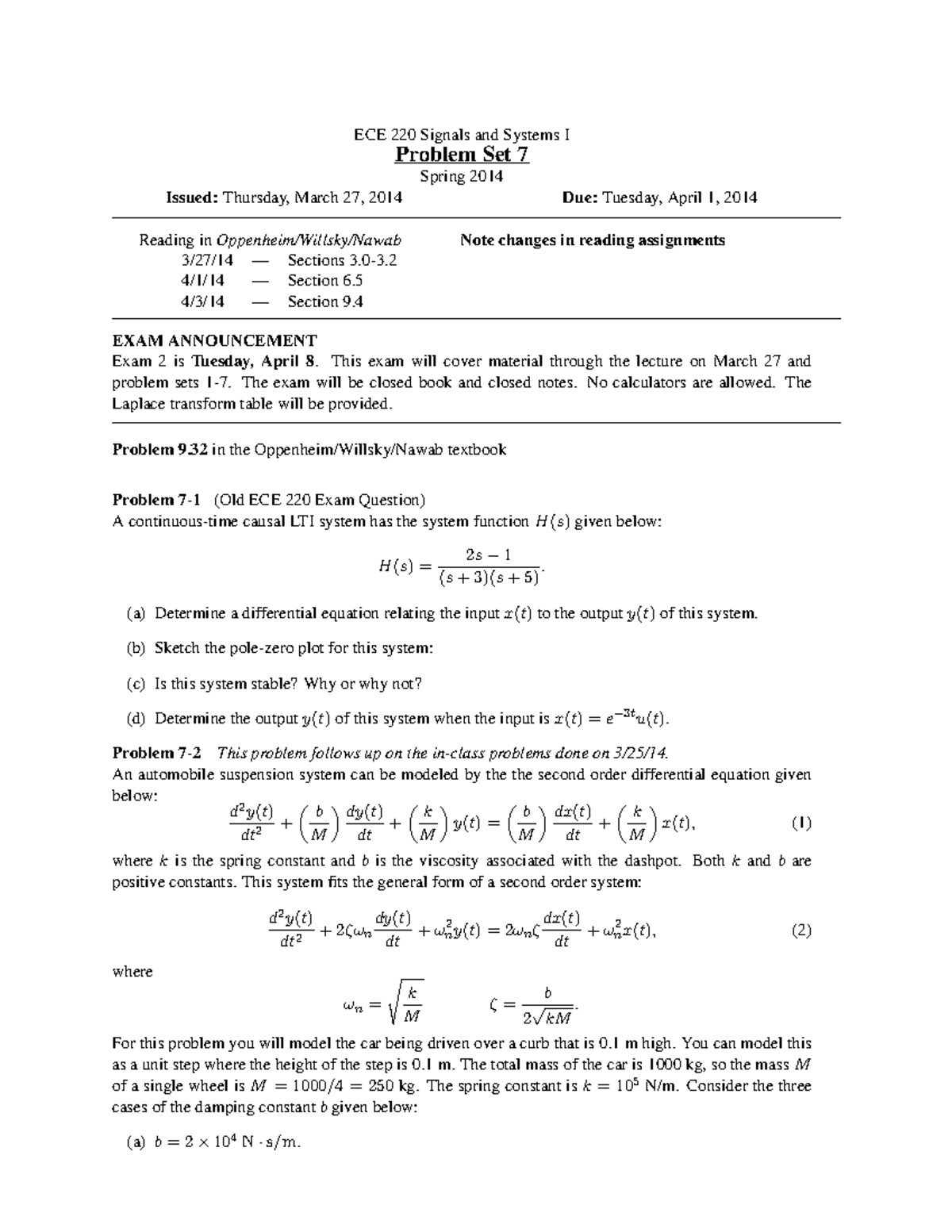 Problem Set 07 - 2014 - ECE 220 Signals and Systems I Problem Set 7 ...