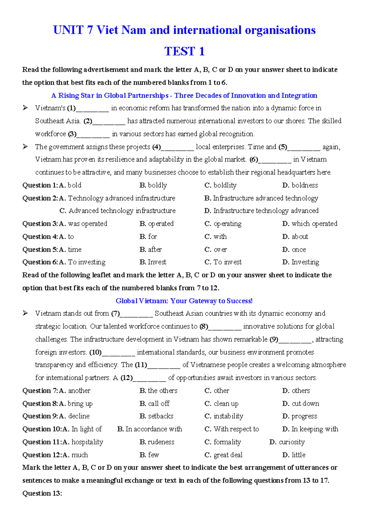 UNIT 7 Grade 10 TEST 1 - Vietnam and International Organizations - Studocu
