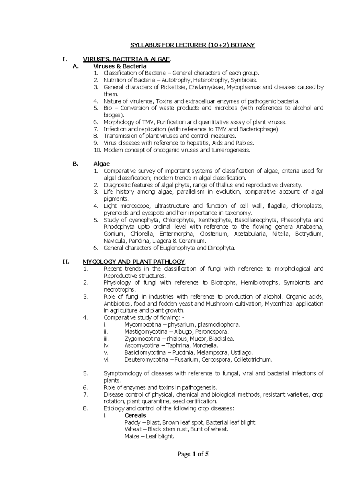 Botany - Main theme - SYLLABUS FOR LECTURER (10+2) BOTANY I. VIRUSES ...