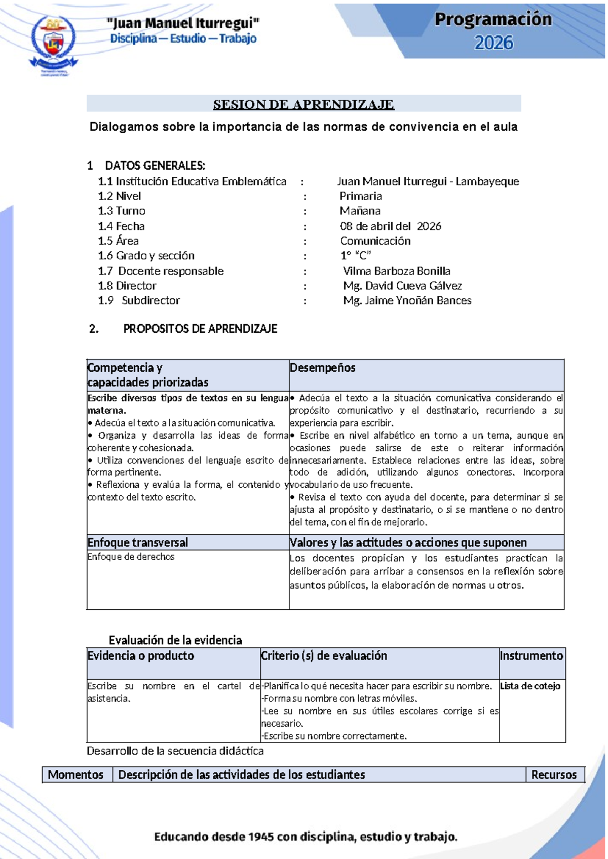 SESION DE APRENDIZAJE COM 1º: Escribimos Nuestros Nombres en el Aula ...