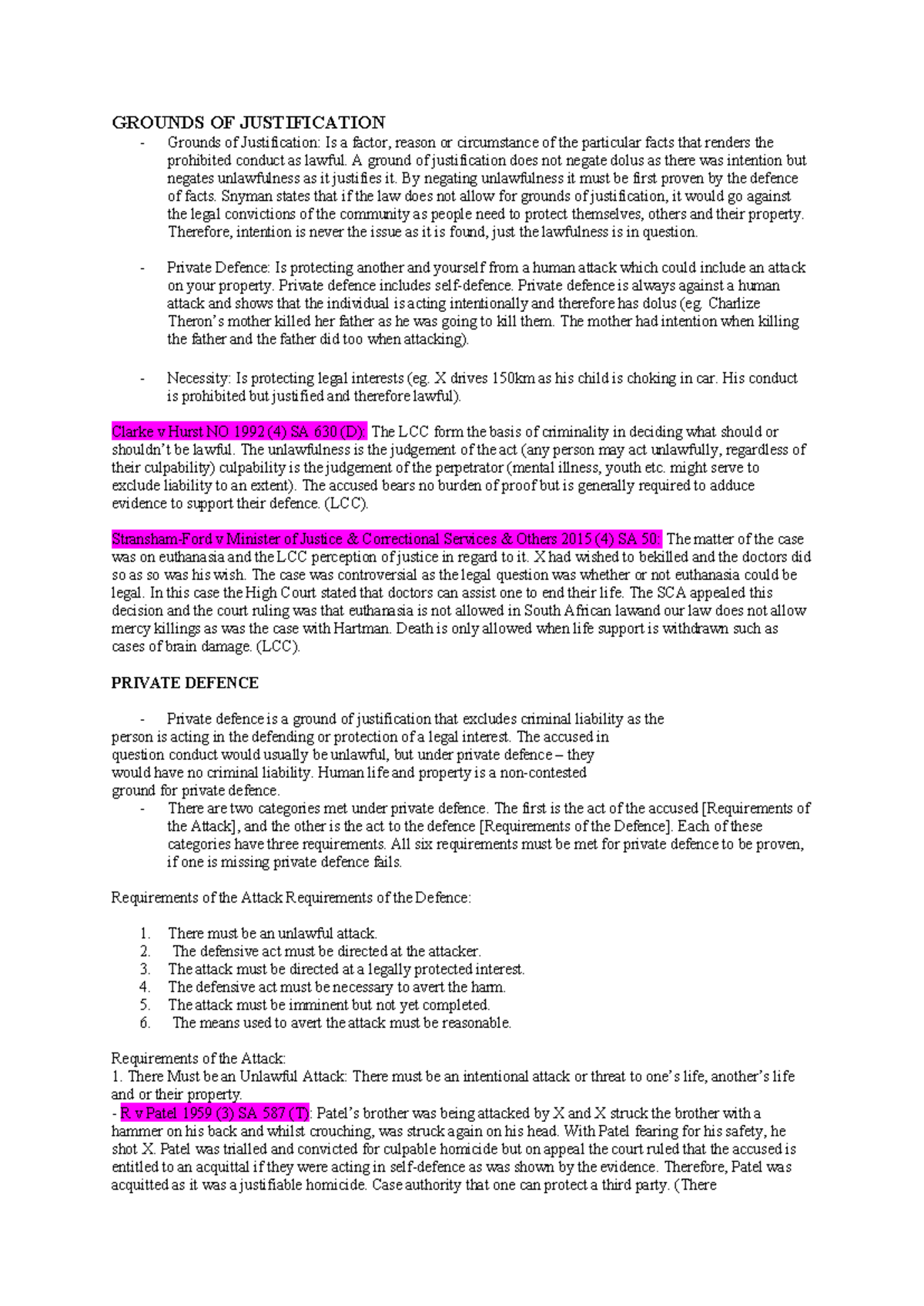Criminal Law 2023: Semester Two Grounds of Justification Notes - Studocu