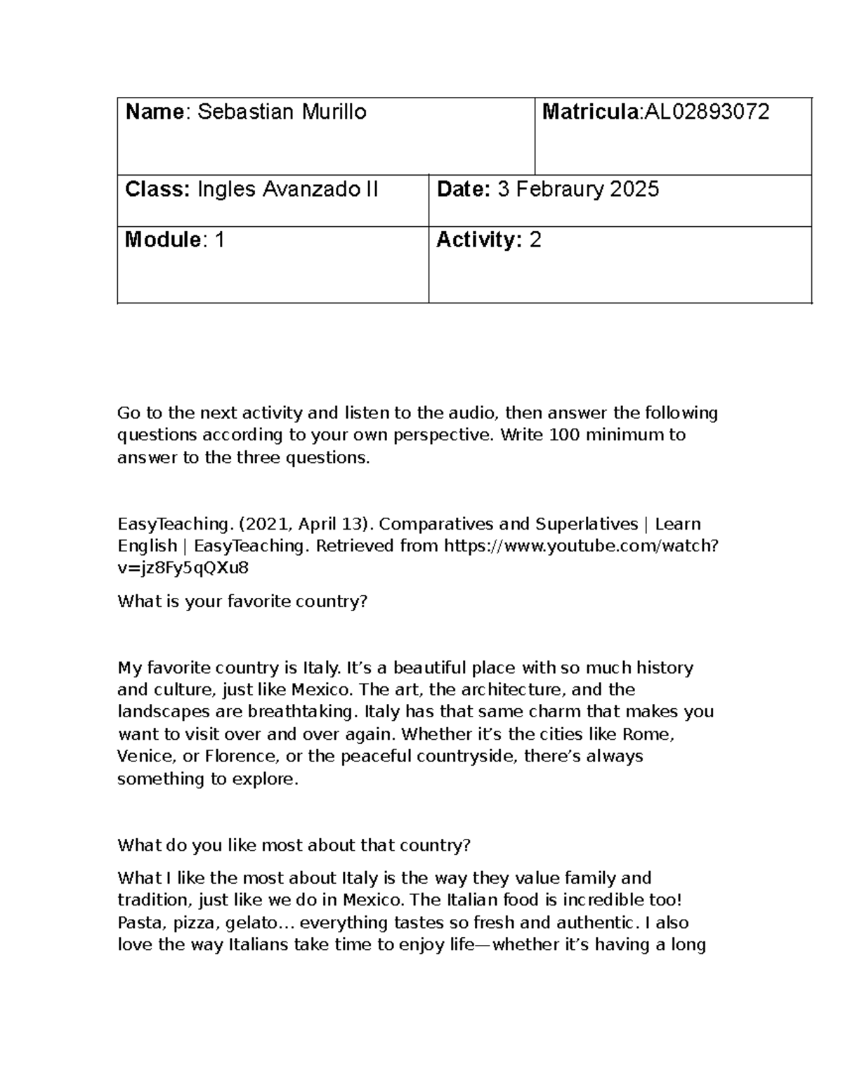 Act 2 - Answers to Activity 2 | Ingles Avanzado II - Studocu
