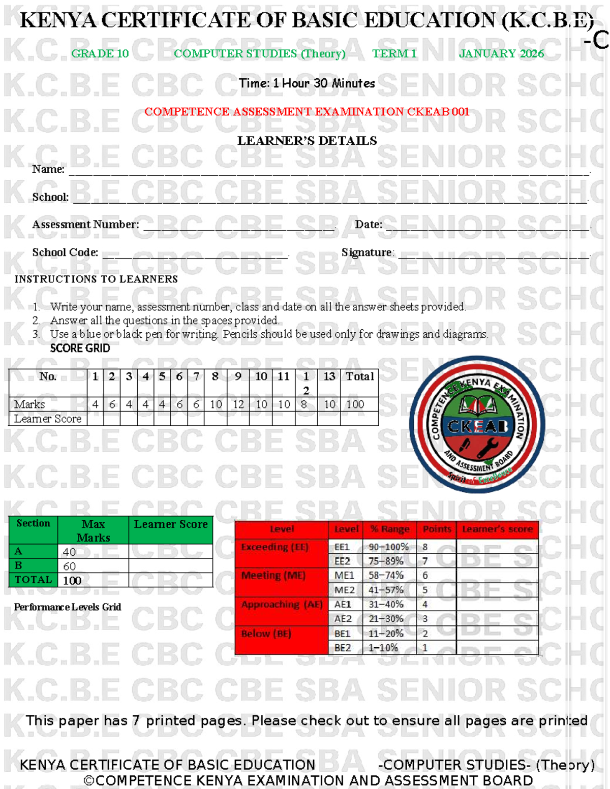 K.C.B.E GRADE 10 COMPUTER STUDIES TERM 1 EXAMINATION 2026 - Studocu