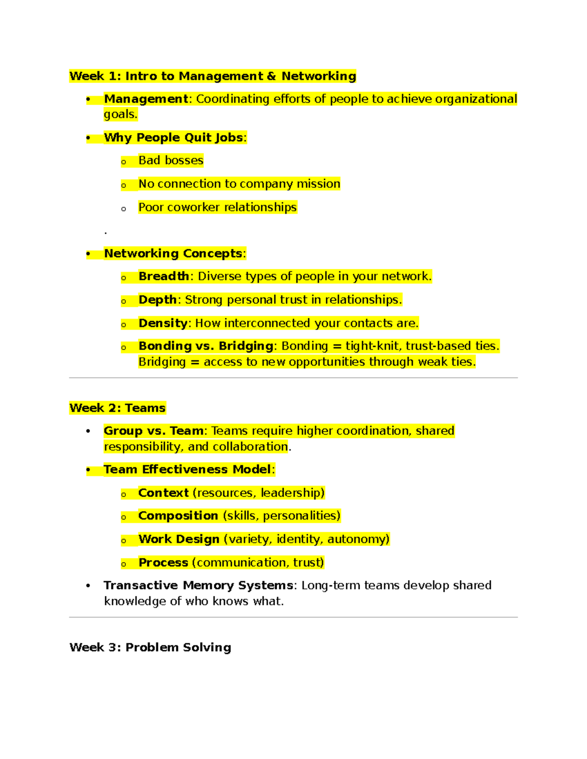 Management Concepts & Techniques - Overview of Weeks 1-14 - Week 1 ...