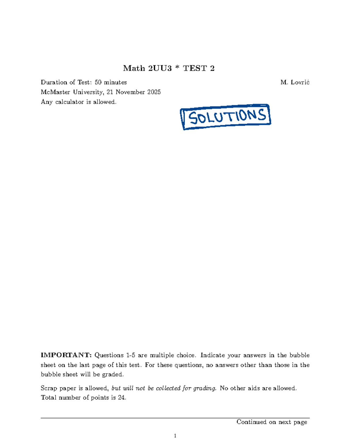 Math 2UU3 Test 2 Solutions - Fall 2025 - Studocu