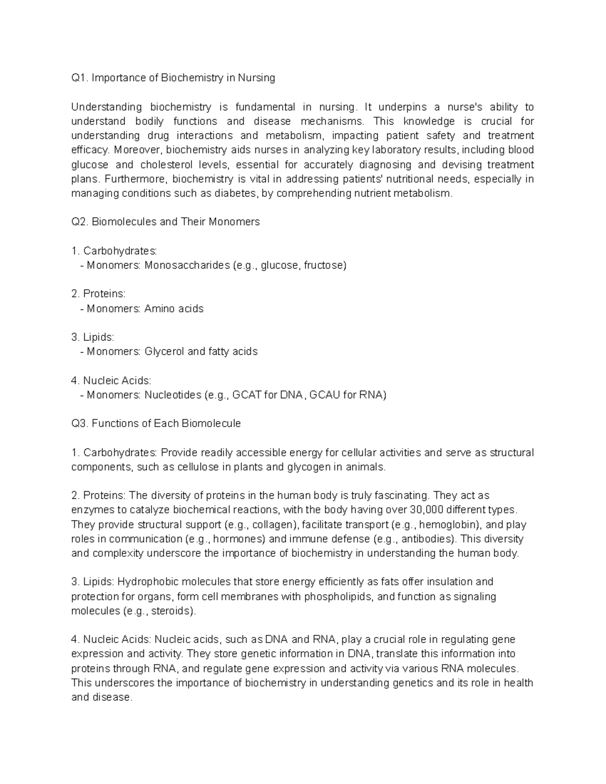 BioChem 101: Draft Answers on Biochemistry in Nursing and Biomolecules ...