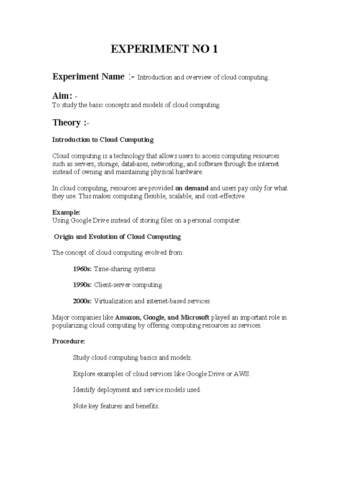 Experiment No 1: Introduction to Cloud Computing Concepts and Models ...