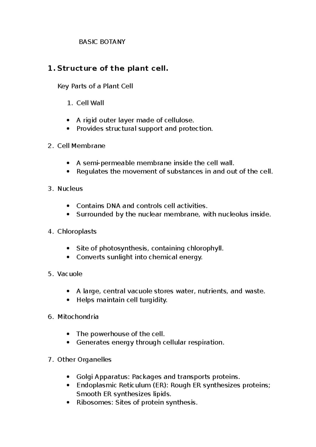 BASIC BOTANY 1: Structure of Plant Cells and Ecosystems Overview - Studocu