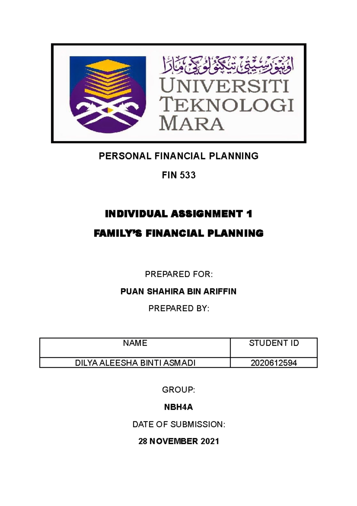 Individual Assignment FIN533: Family Financial Planning Overview - Studocu
