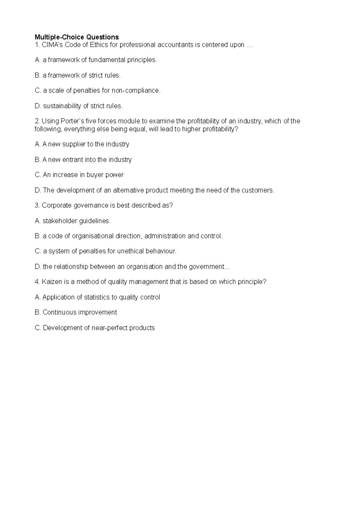 CIMA Strategic Management Multiple-Choice Questions on Ethics and ...