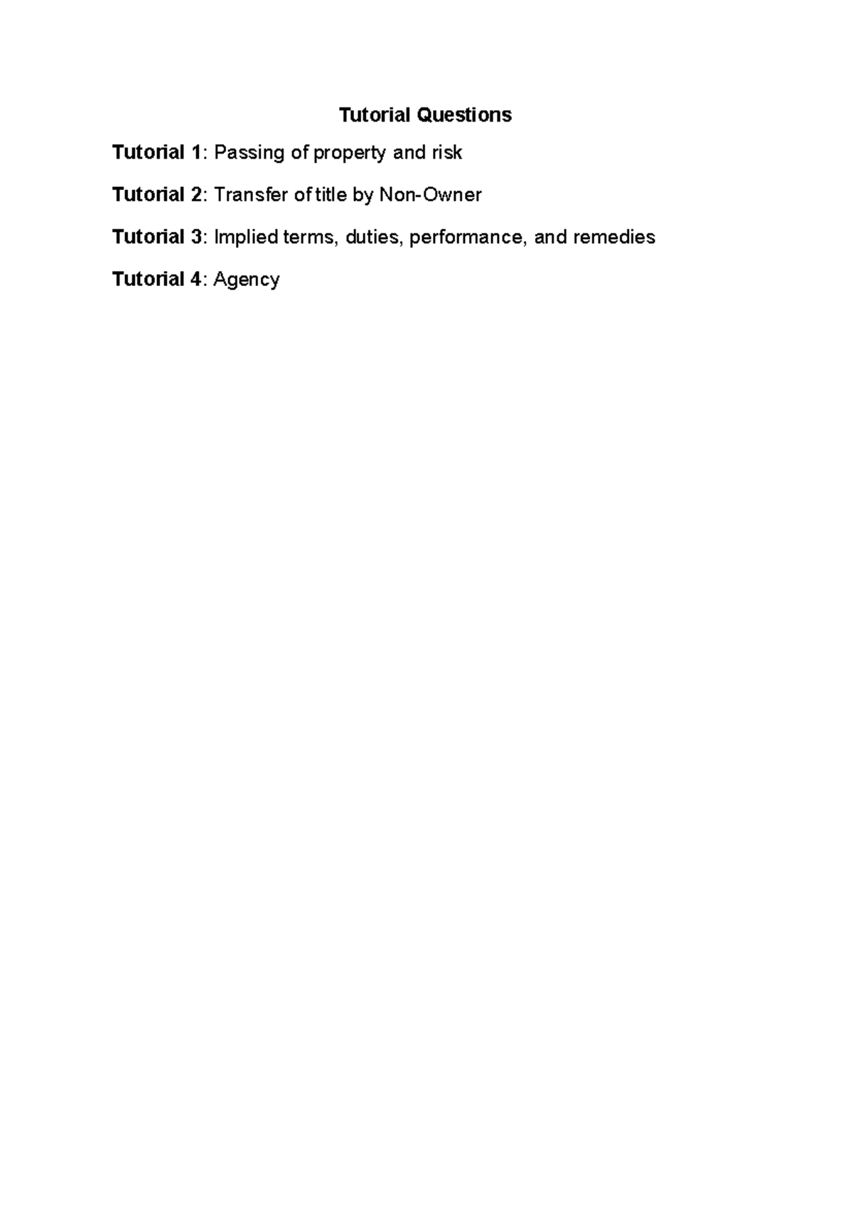 TUT 1 & 2: Passing of Property, Risk, and Title in SGA 1979 - Studocu