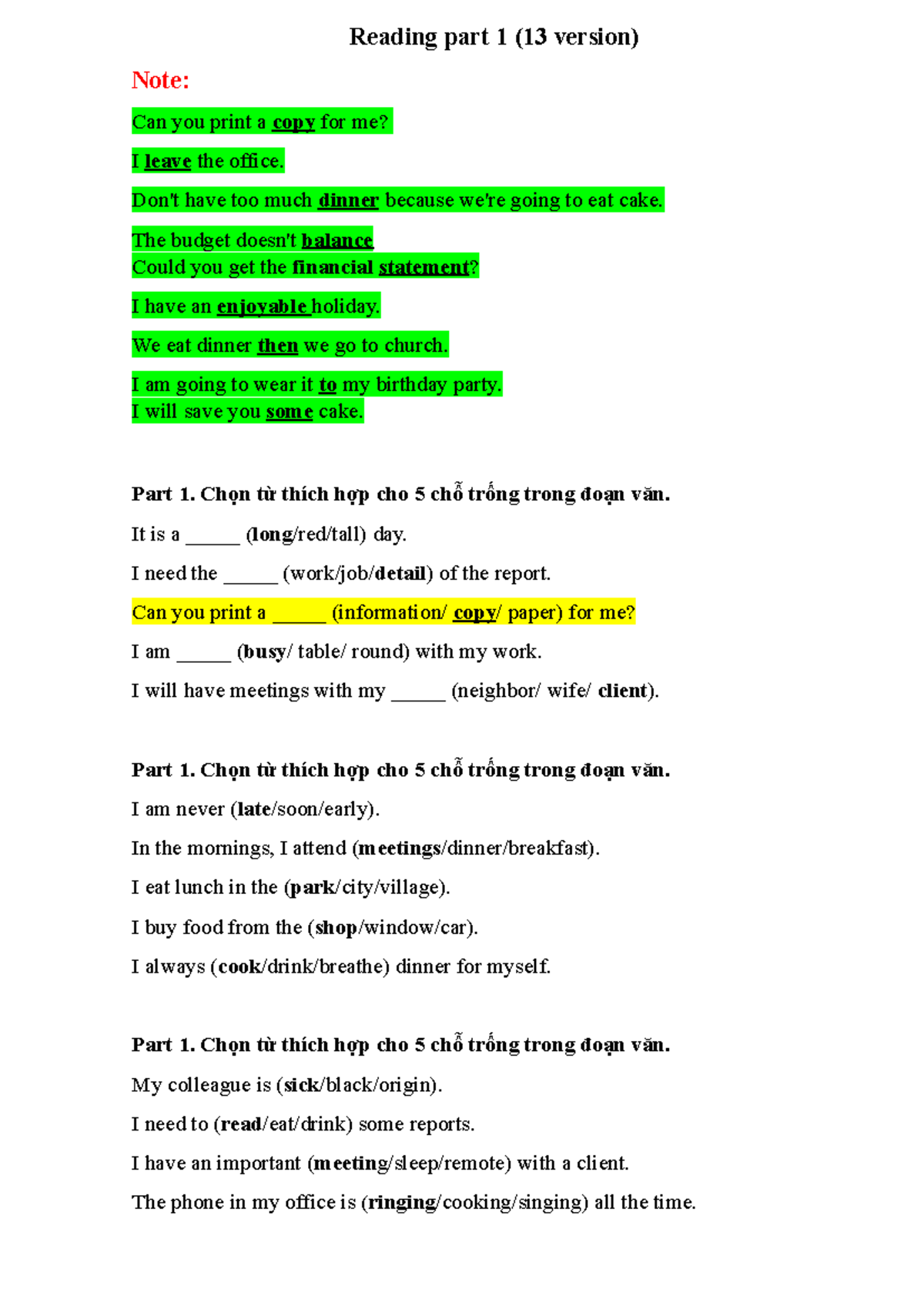 Reading Part 1 - Vocabulary & Sentence Completion Exercise - Studocu