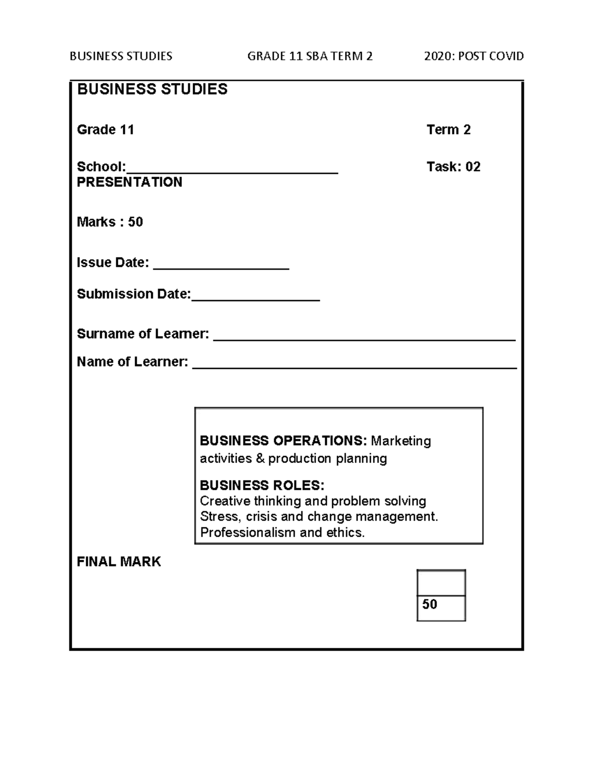 BUSINESS STUDIES GRADE 11 SBA TERM 2 2020: COVID-19 PRESENTATION - Studocu