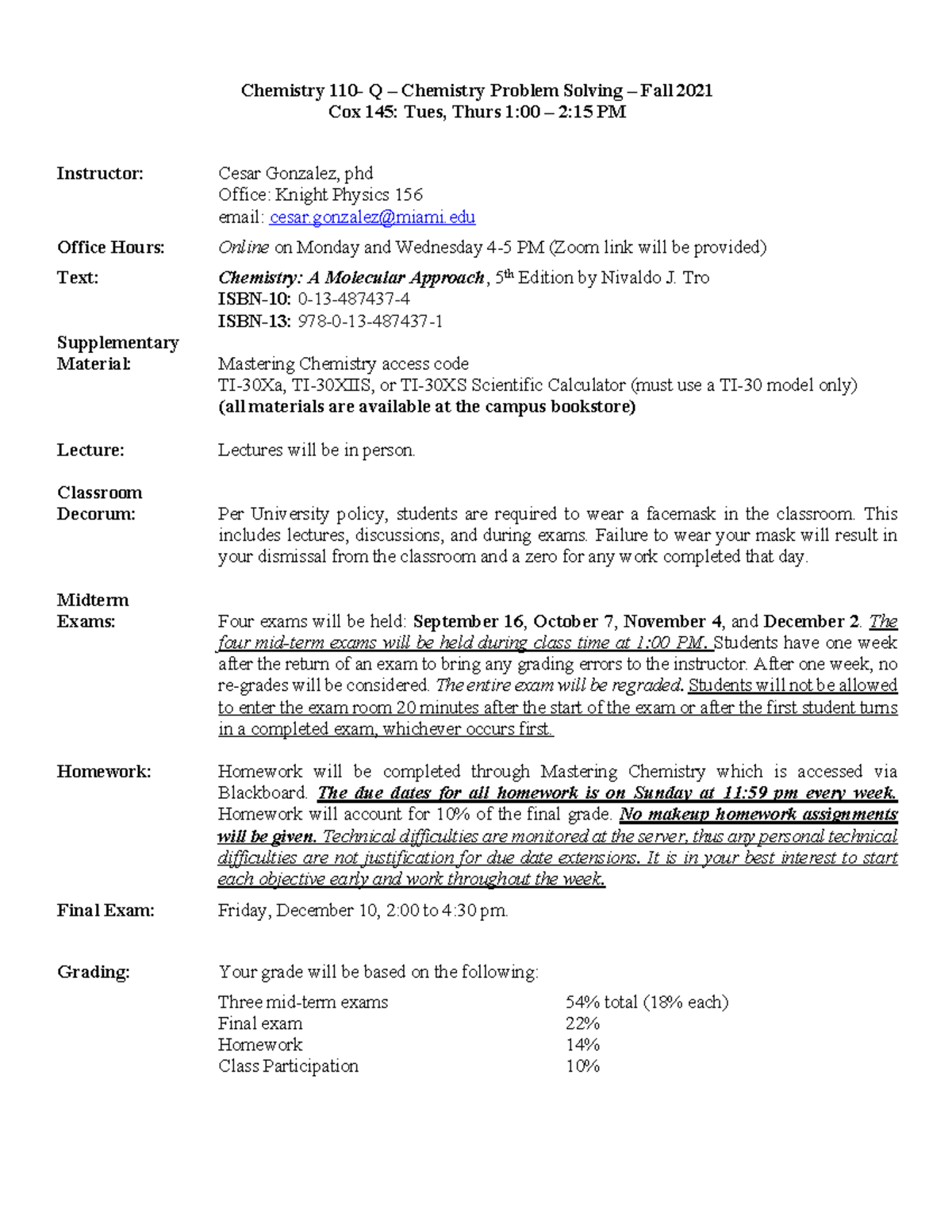 CHM110 Fall 2021 Syllabus and Course Details - Studocu