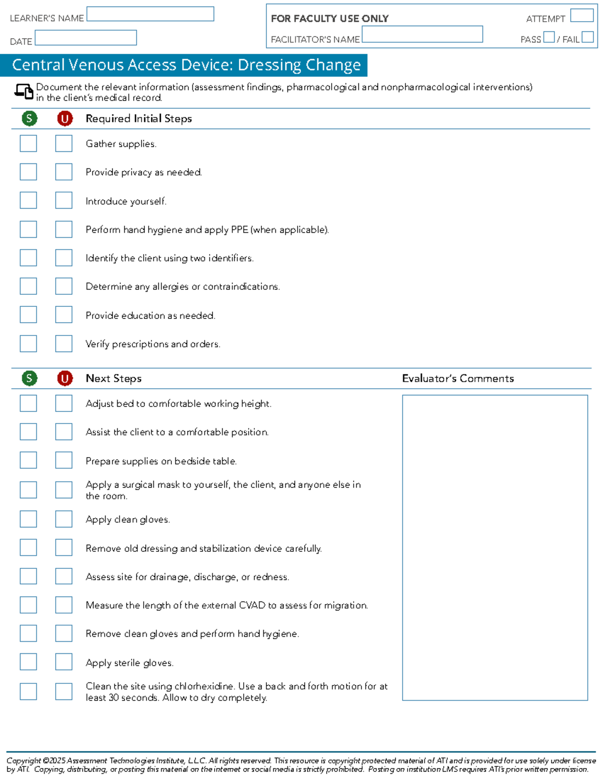 CVAD Dressing Change - ATI Skills Checklist for Faculty Use - Studocu