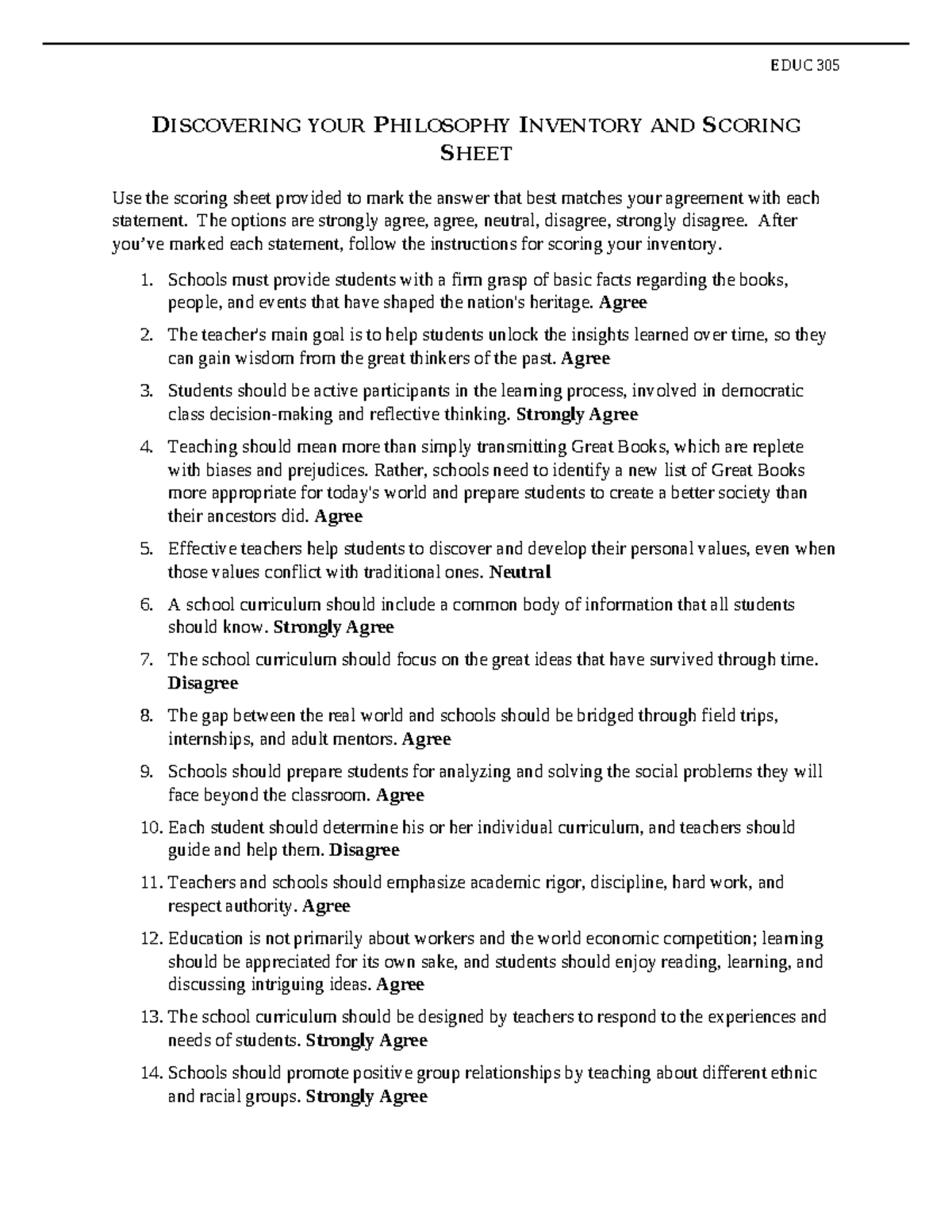EDUC 305 Discovering Your Philosophy Inventory & Scoring Sheet 2025 ...