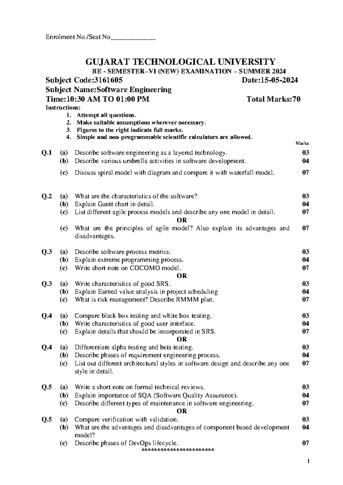 Software Engineering Exam Paper - GUJARAT TECHNOLOGICAL UNIVERSITY ...