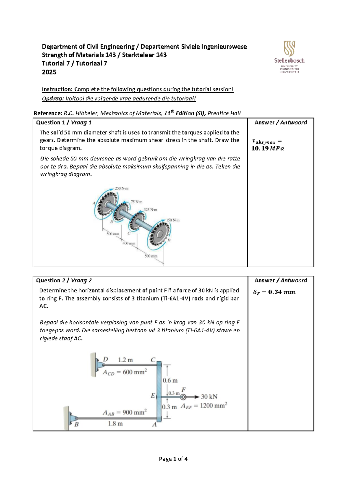 Tutorial 7 Questions for Strength of Materials 143 - 2025 - Studocu