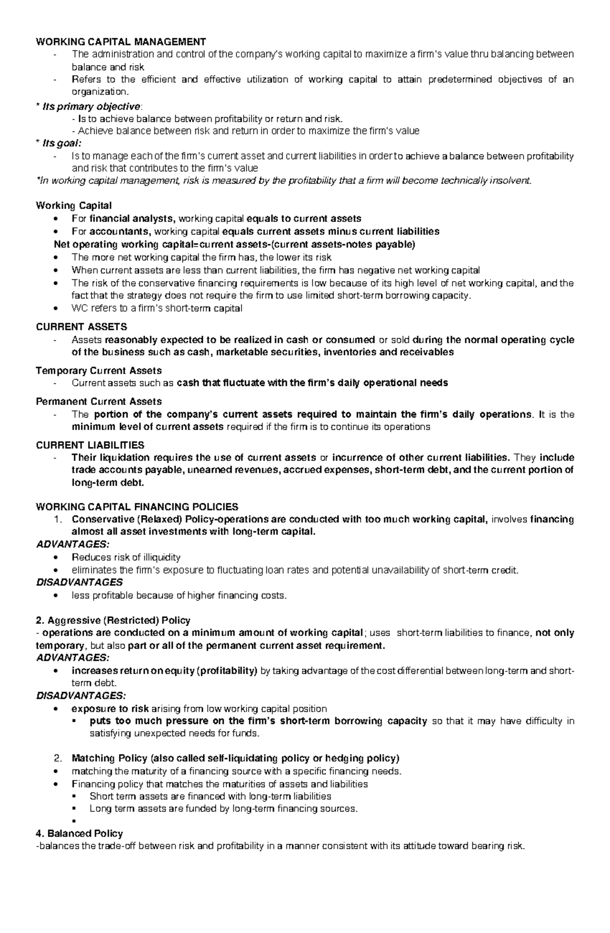 Working Capital Management (WC) Notes: Balancing Profitability and Risk ...