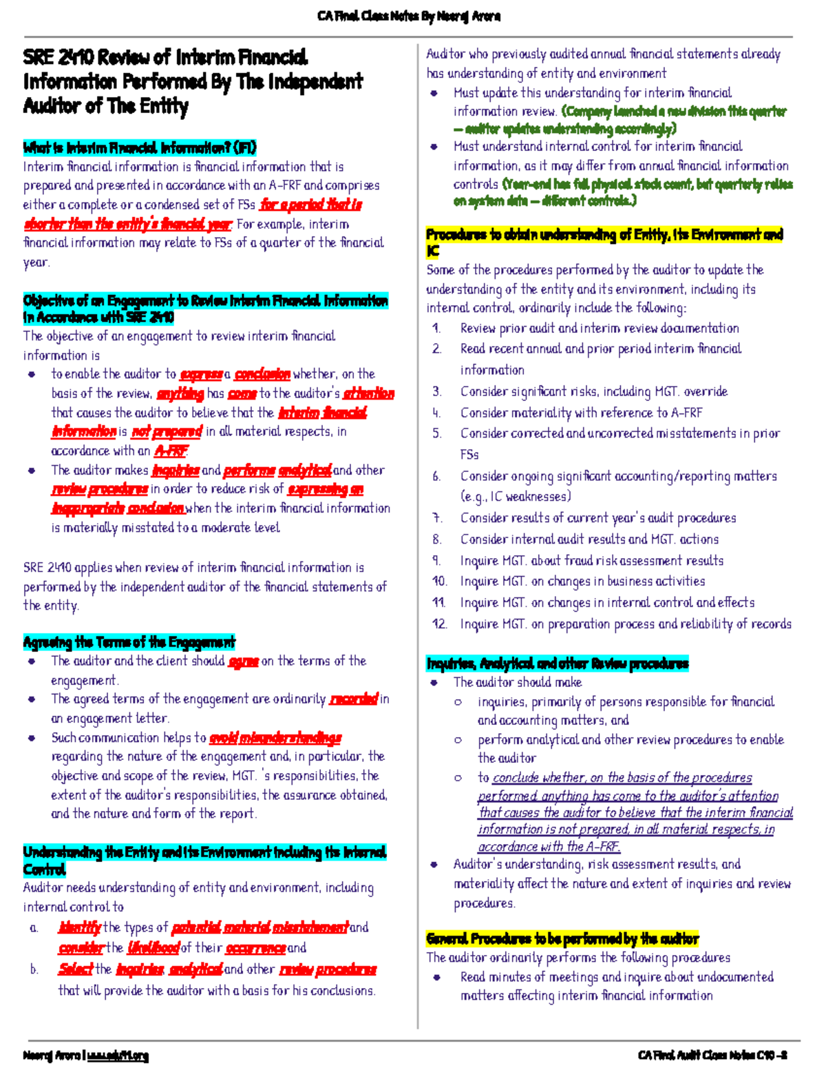 CA Final Audit Class Notes: Understanding SRE 2410 for Interim ...
