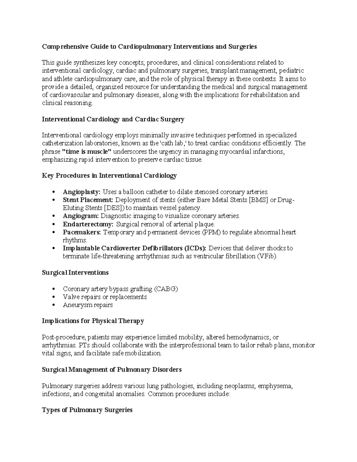 Comprehensive Guide to Cardiopulmonary Surgeries & Interventions - Studocu