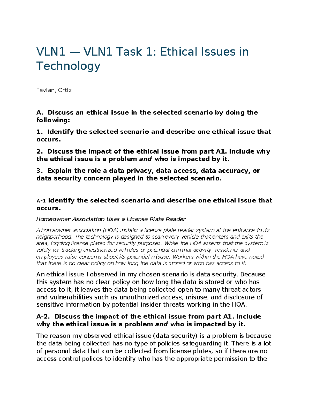 VLN1 Task 1: Ethical Issues in Technology - Data Security Concerns ...