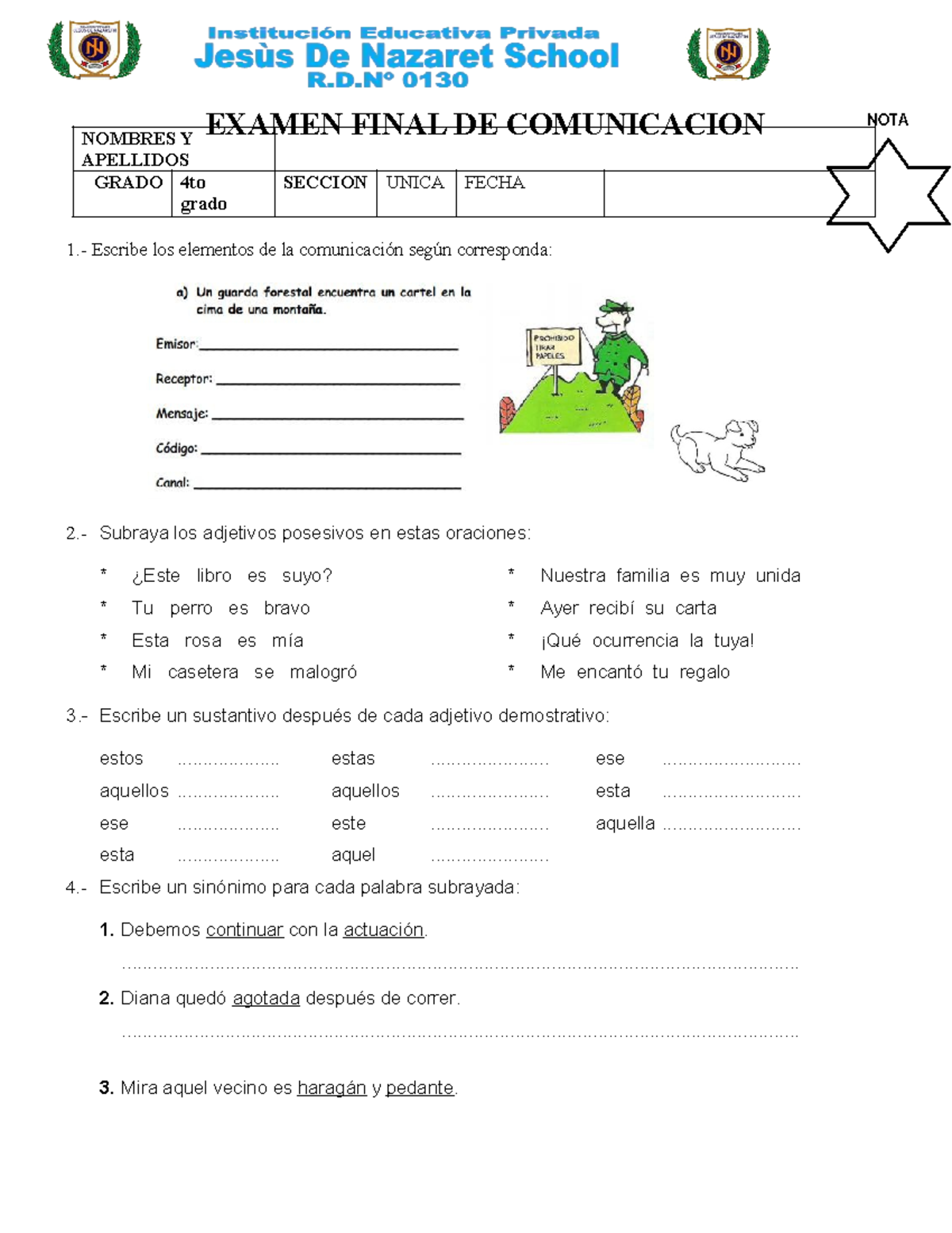 Examen final de comunicacion cuarto - NOMBRES Y APELLIDOS GRADO 4to ...