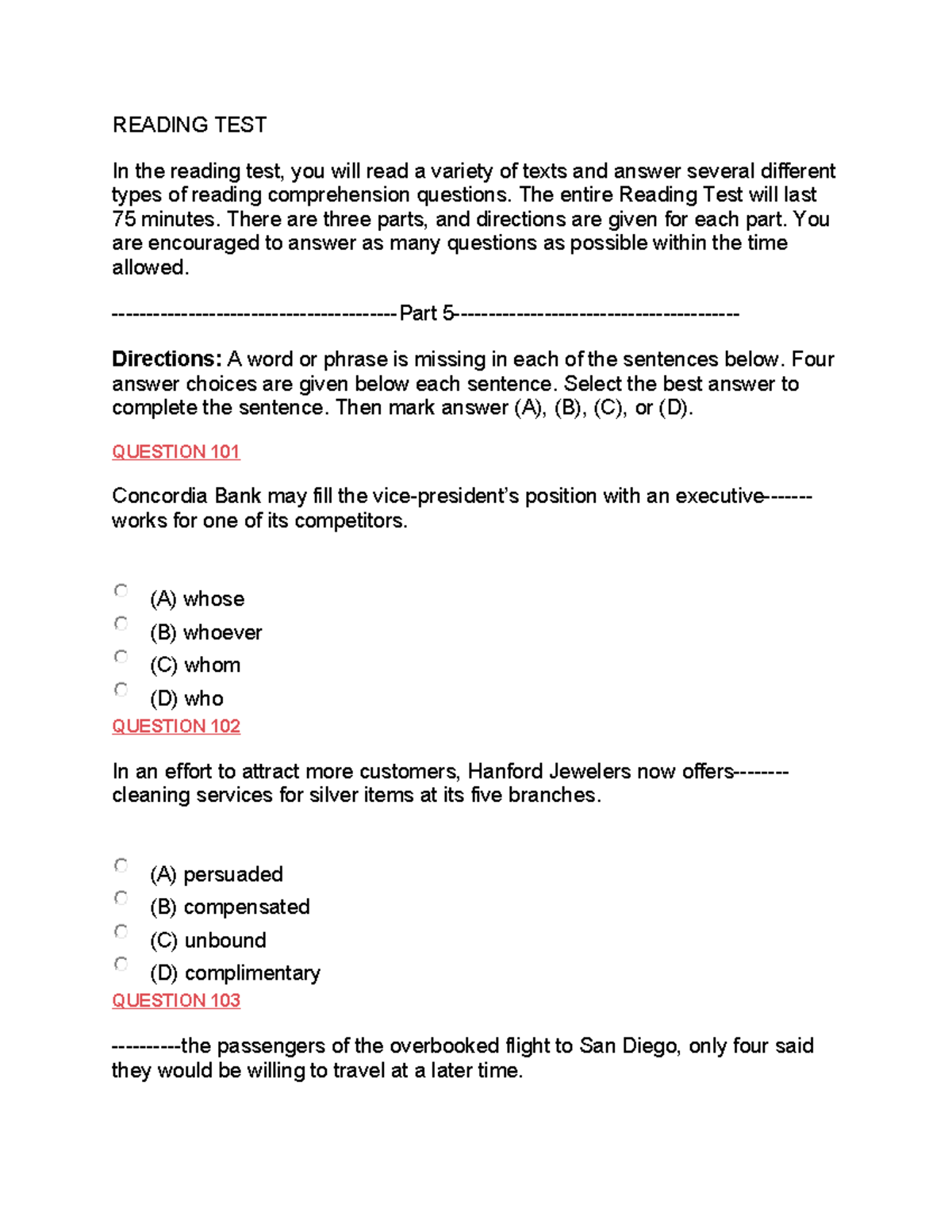 Reading TEST 2 - READING TEST In the reading test, you will read a ...