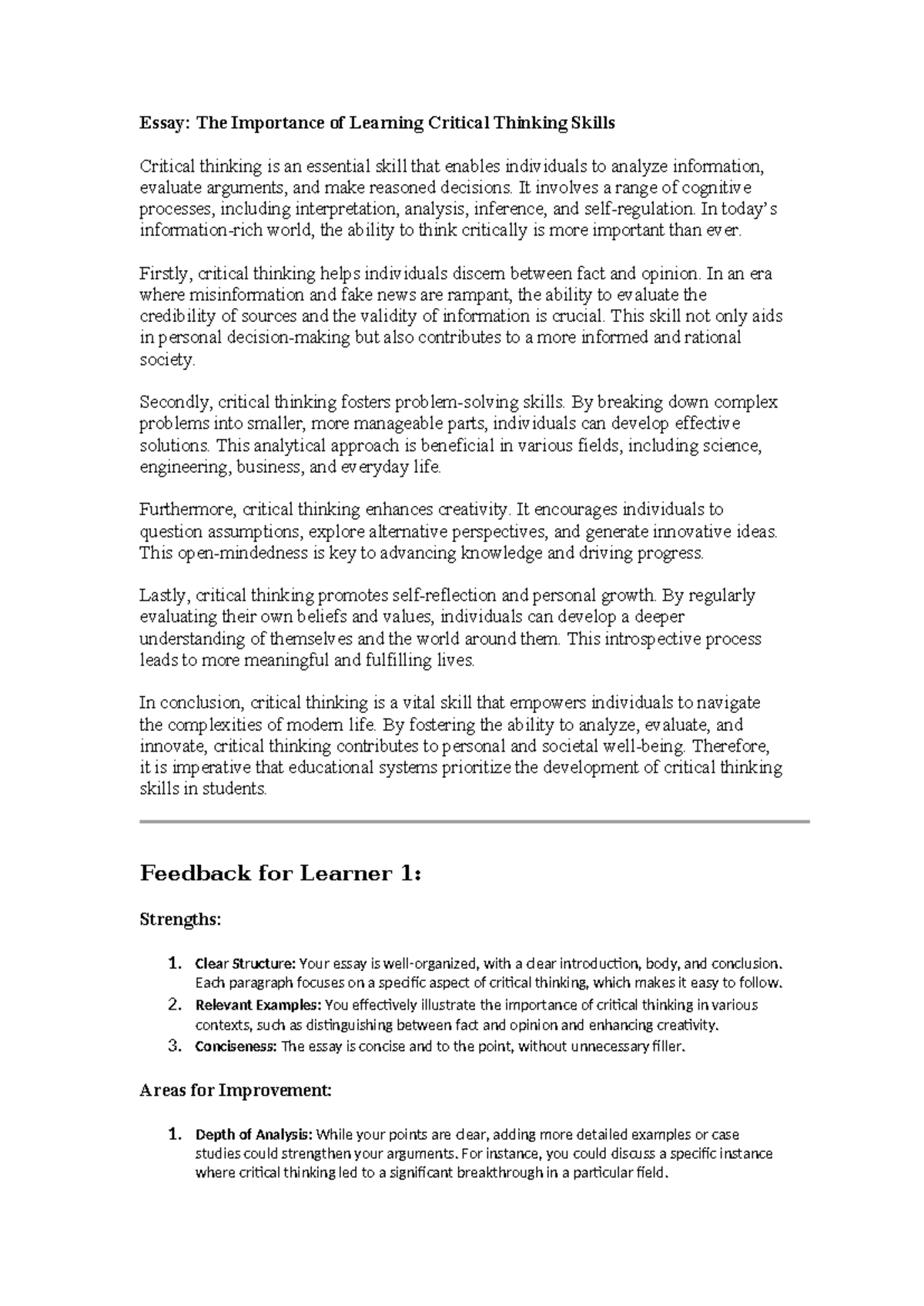 Essay on Critical Thinking Importance (PRJ321) - Review and Feedback ...